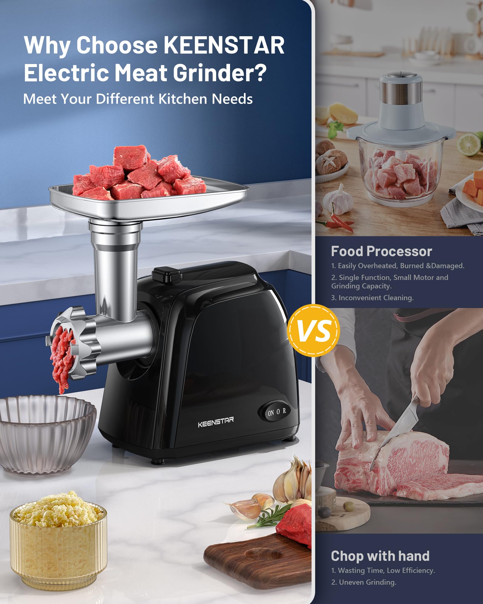 KEENSTAR grinder with 3 plates for coarse to fine textures in cooking
