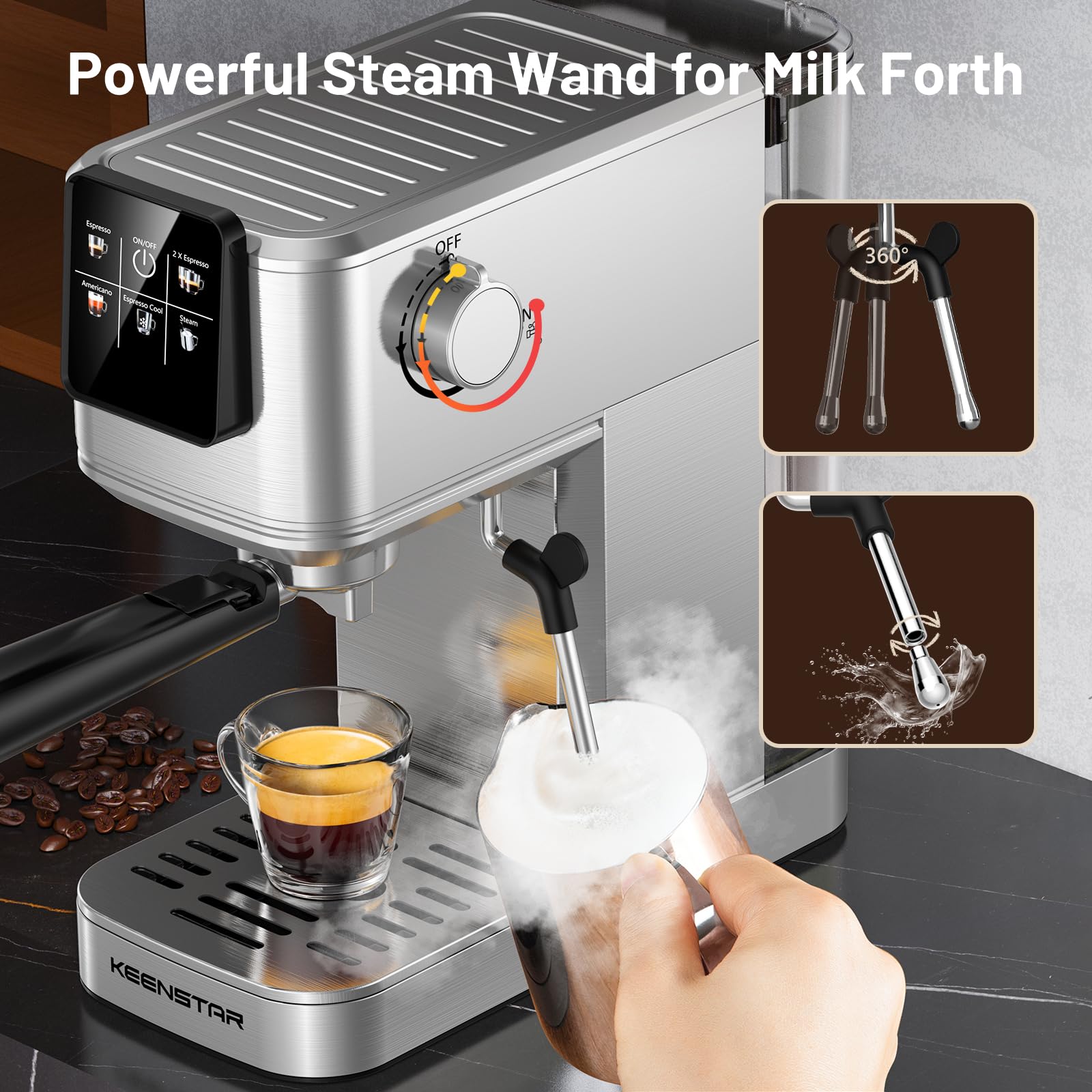 KEENSTAR milk frother steam wand creates creamy microfoam
