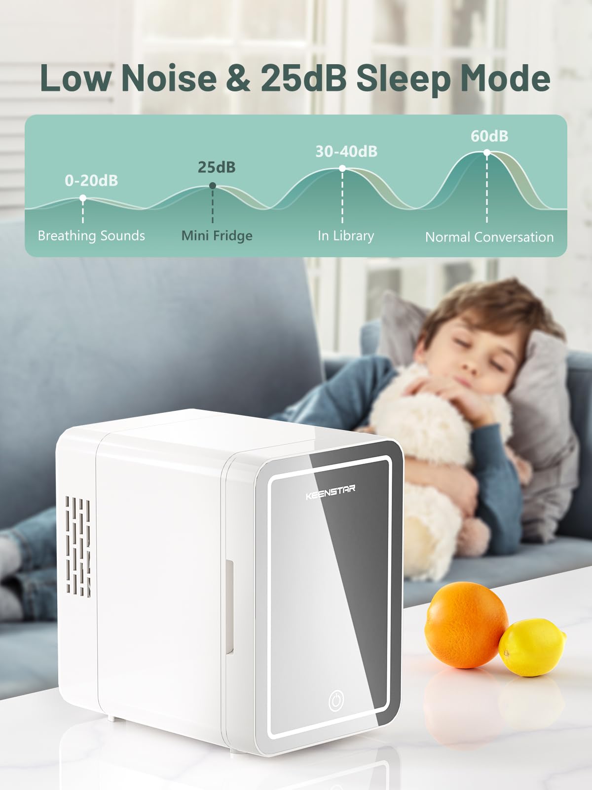 KEENSTAR mini fridge ultra-quiet operation suits bedrooms and offices.