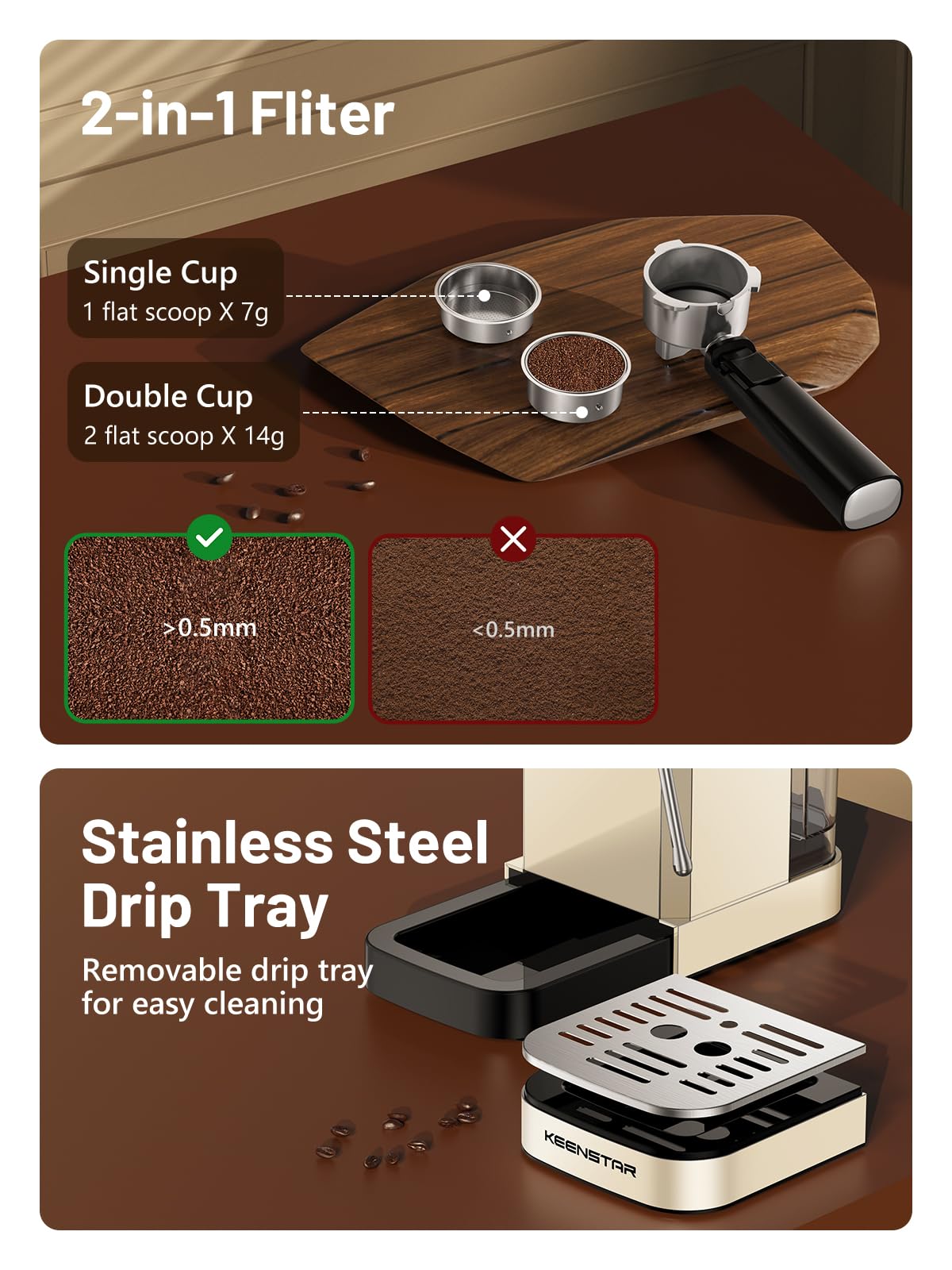 KEENSTAR removable drip tray for quick cleaning.