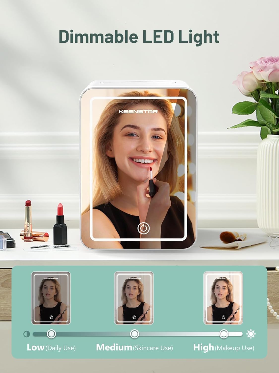 KEENSTAR Skincare Mini Fridge door mirror highlights dual-use lighting for makeup application.