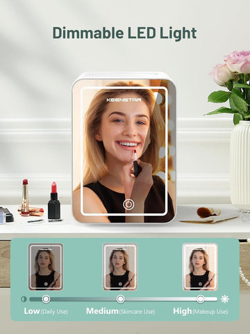 KEENSTAR Skincare Mini Fridge door mirror highlights dual-use lighting for makeup application.