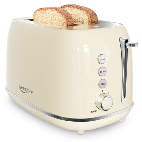 Keenstone 2-Slice Retro Toaster beige with extra-wide slots for bulky breads.