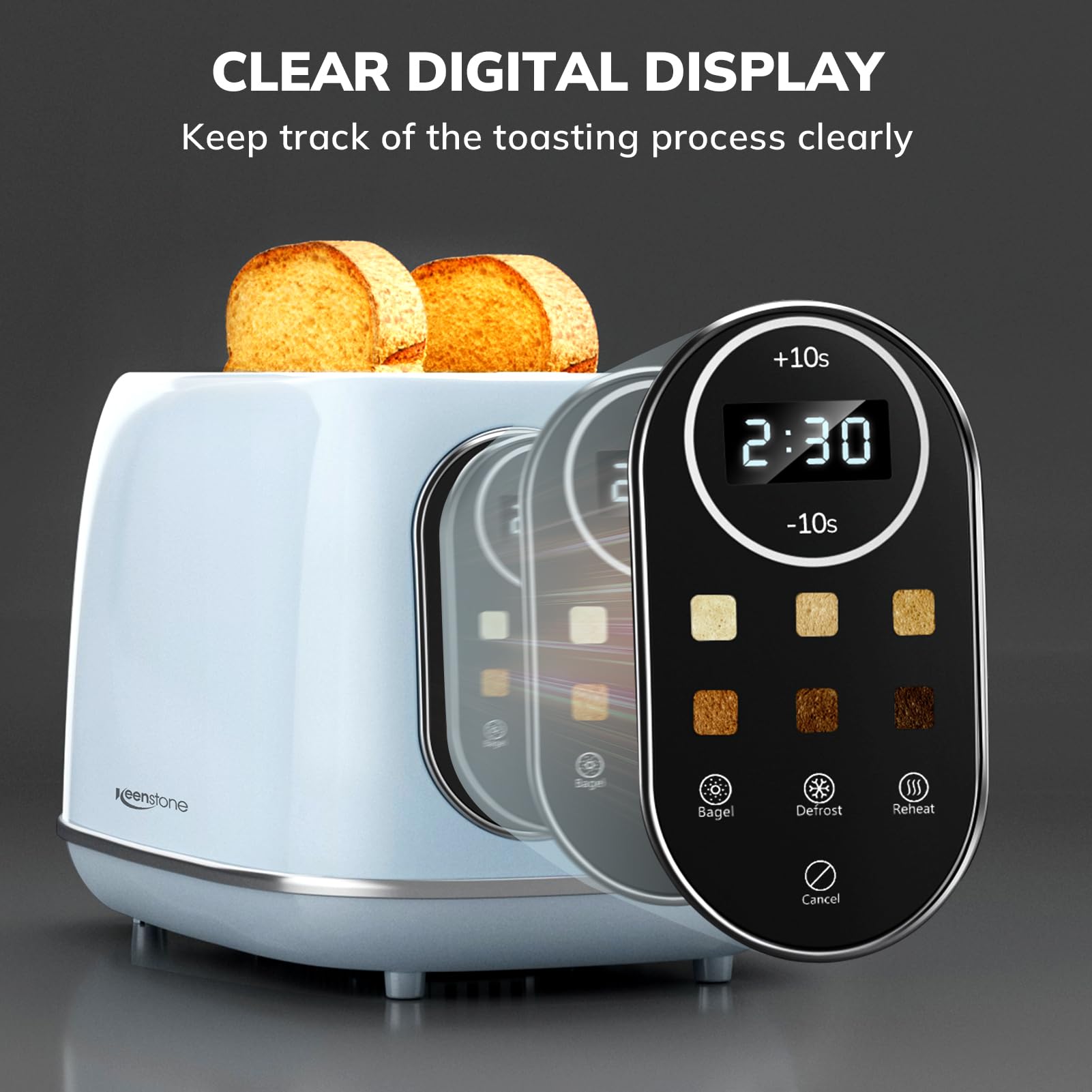 Keenstone blue toaster control panel close-up for quick toasting