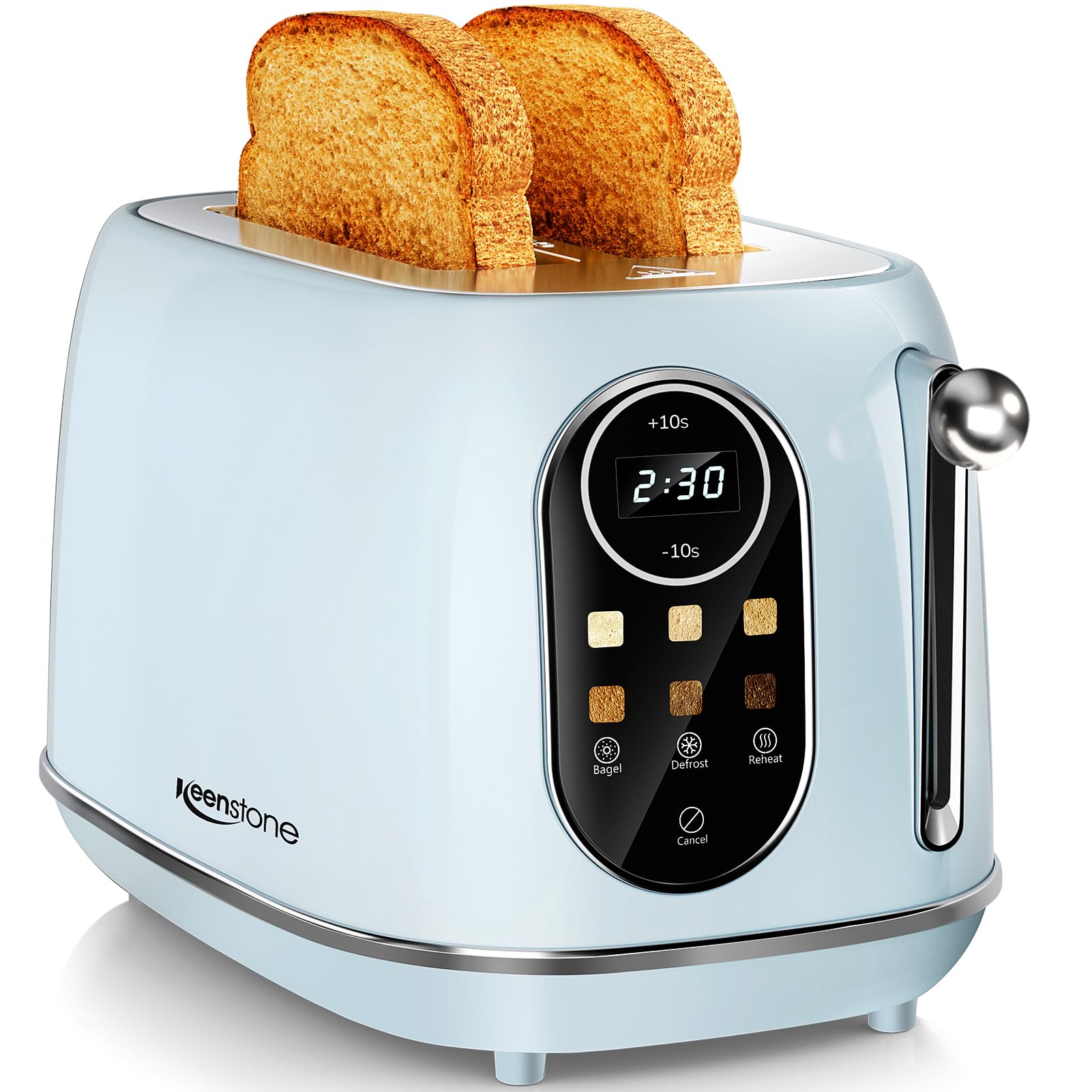Keenstone Smart Touch Toaster in blue, front view showing precise browning option