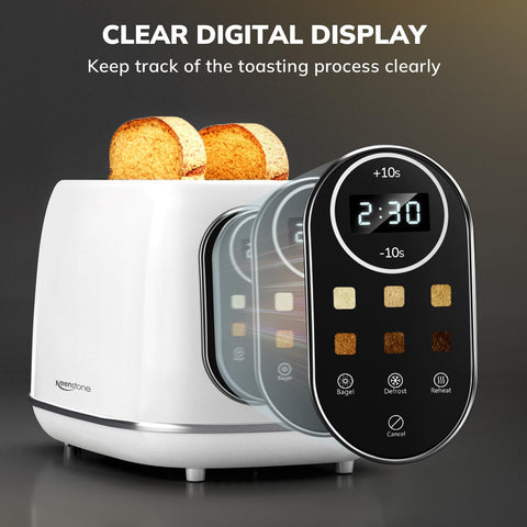 Keenstone Smart Touch Toaster control panel emphasizes effortless settings for precise browning.