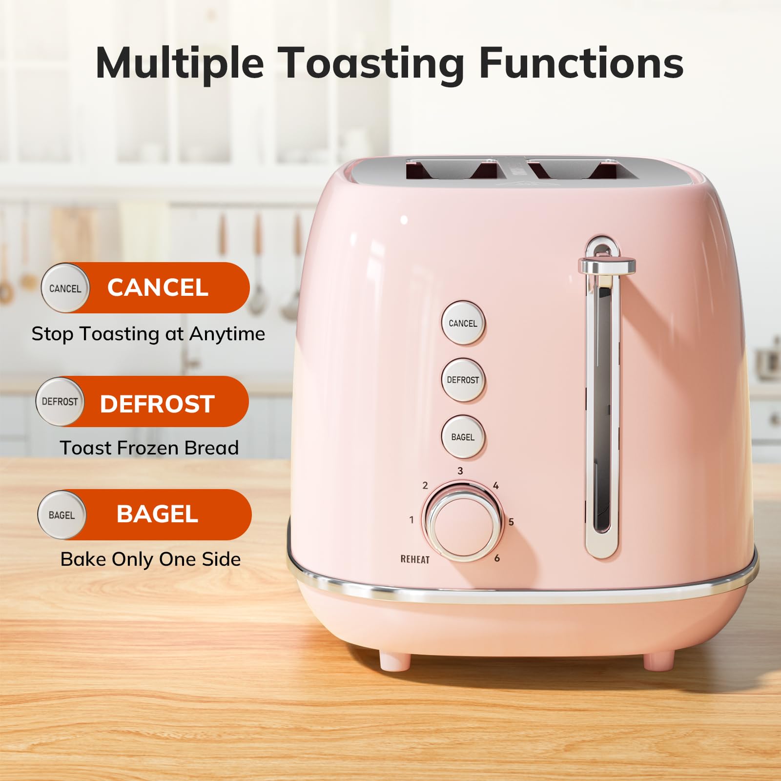 Keenstone pink toaster control dial and browning settings for precise toasting.