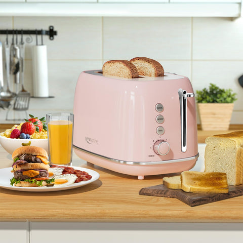 Keenstone pink toaster on a counter with cord storage.