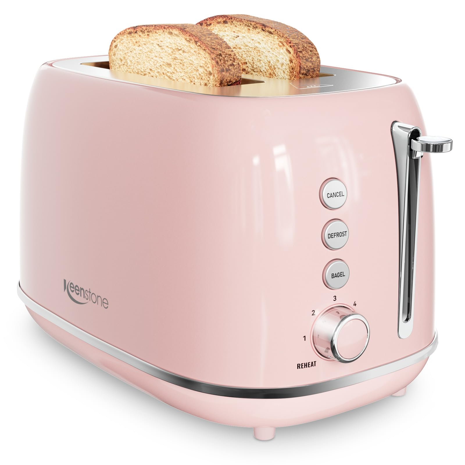 Keenstone 2-slice pink toaster front view with extra wide slots for bagels.
