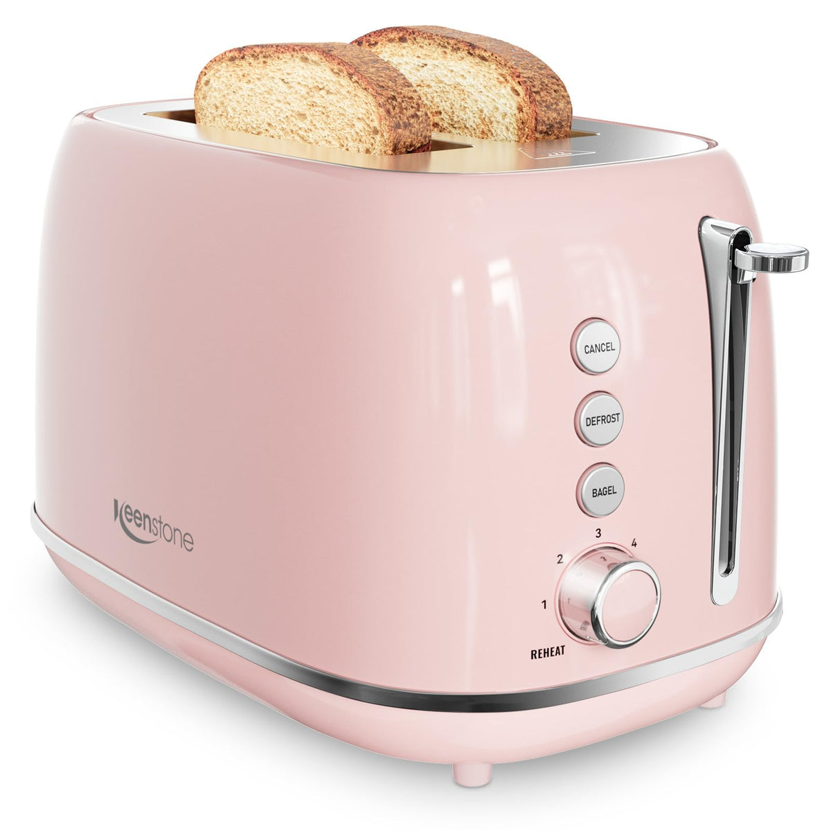 Keenstone 2-slice pink toaster front view with extra wide slots for bagels.