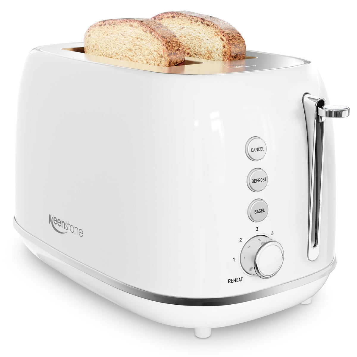 Keenstone 2-slice toaster with wide slot for bagels and even browning.