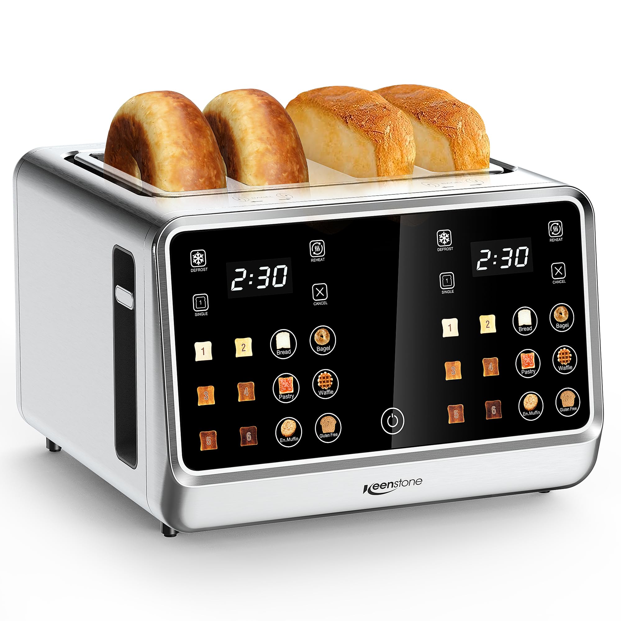 Keenstone Toaster 4 Slice touchscreen front demonstrates quick, even toasting for family mornings