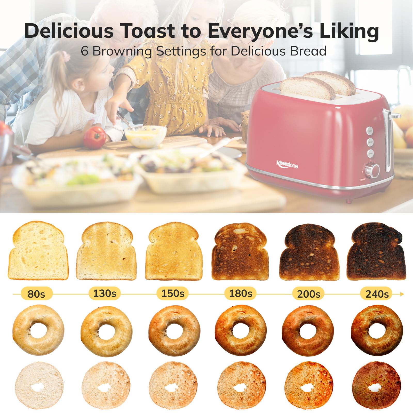 Keenstone toaster bagel function toasting bagels with a crisp, even crust.