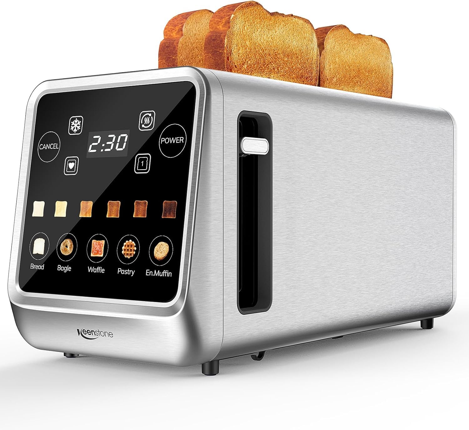 Keenstone Toaster TiltControl display enabling easy, standing-toasting operation