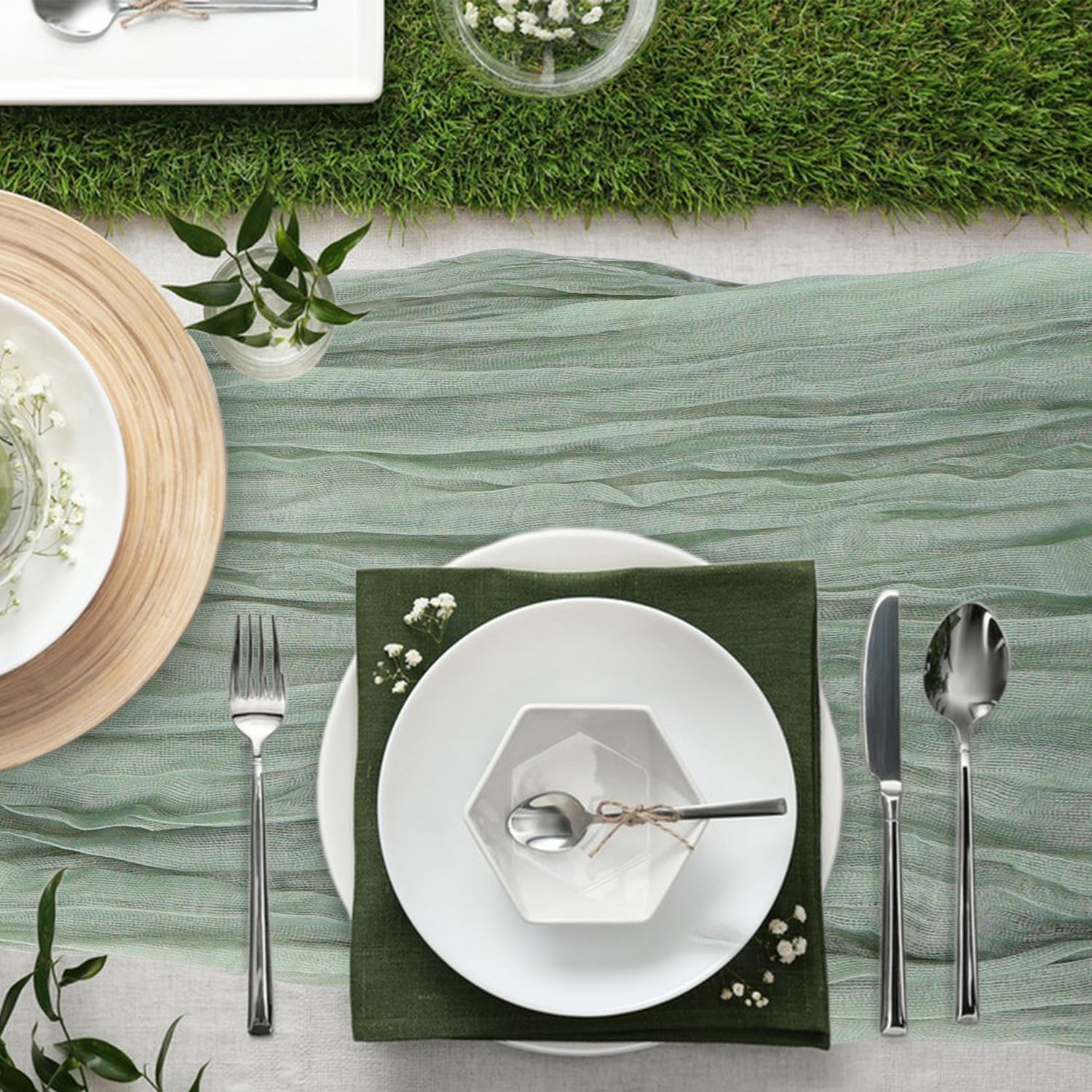 Keepshowing sage-green boho runner doubles as napkin or sash decor.