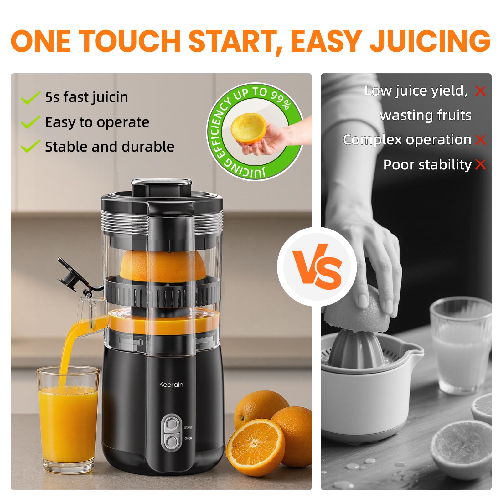 Keerain electric orange juicer cleaning brush included for pulp removal.