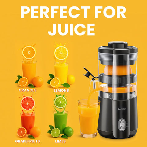 Keerain electric orange juicer detachable cones for easy cleaning.