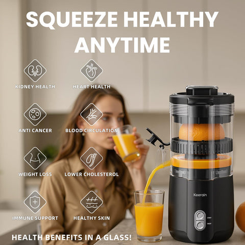 Keerain electric orange juicer dispensing juice with no mess.