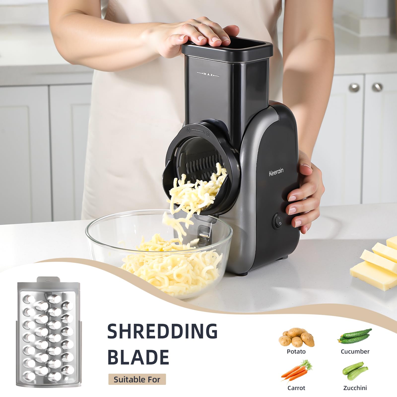 Interchangeable blade drum set enables shredding and slicing versatility