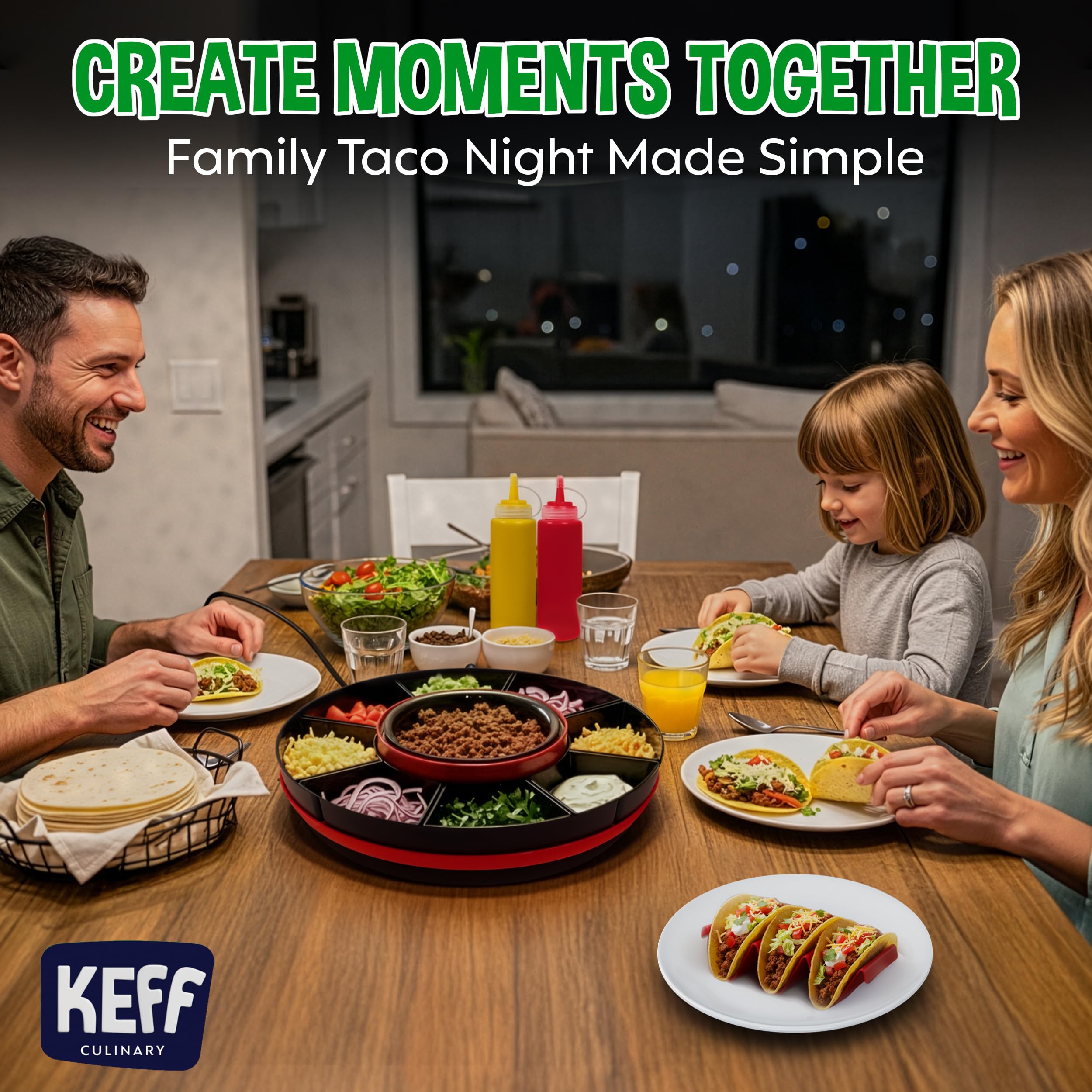 KEFF taco holders keep tortillas upright for clean, restaurant-style plating