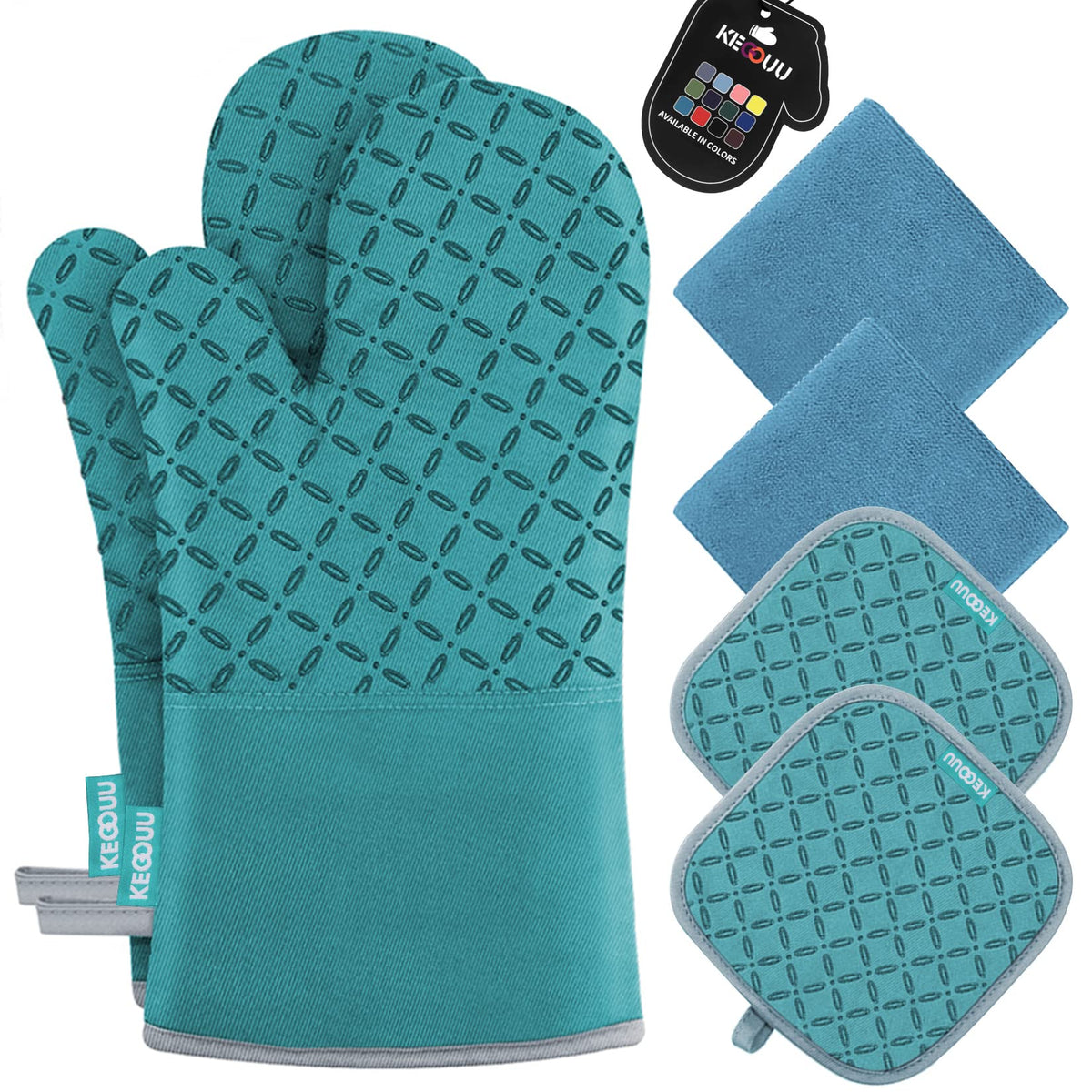 KEGOUU oven mitts heat-resistant up to 500°F for safer pan handling.