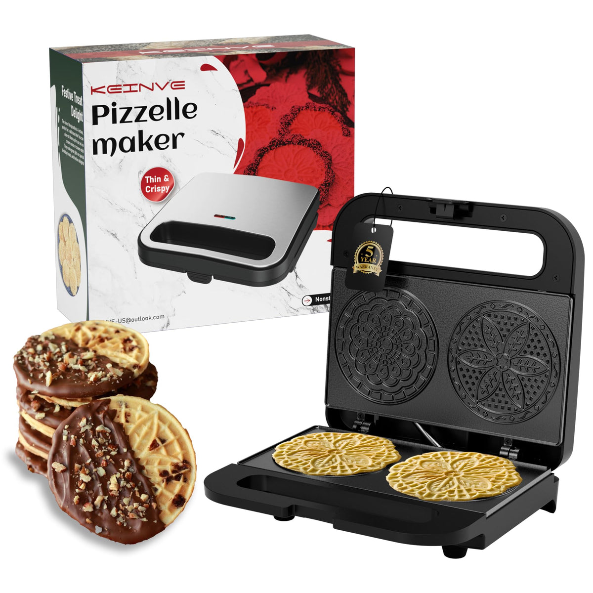 KEINVE pizzelle maker with ceramic coating for easy non-stick cooking.
