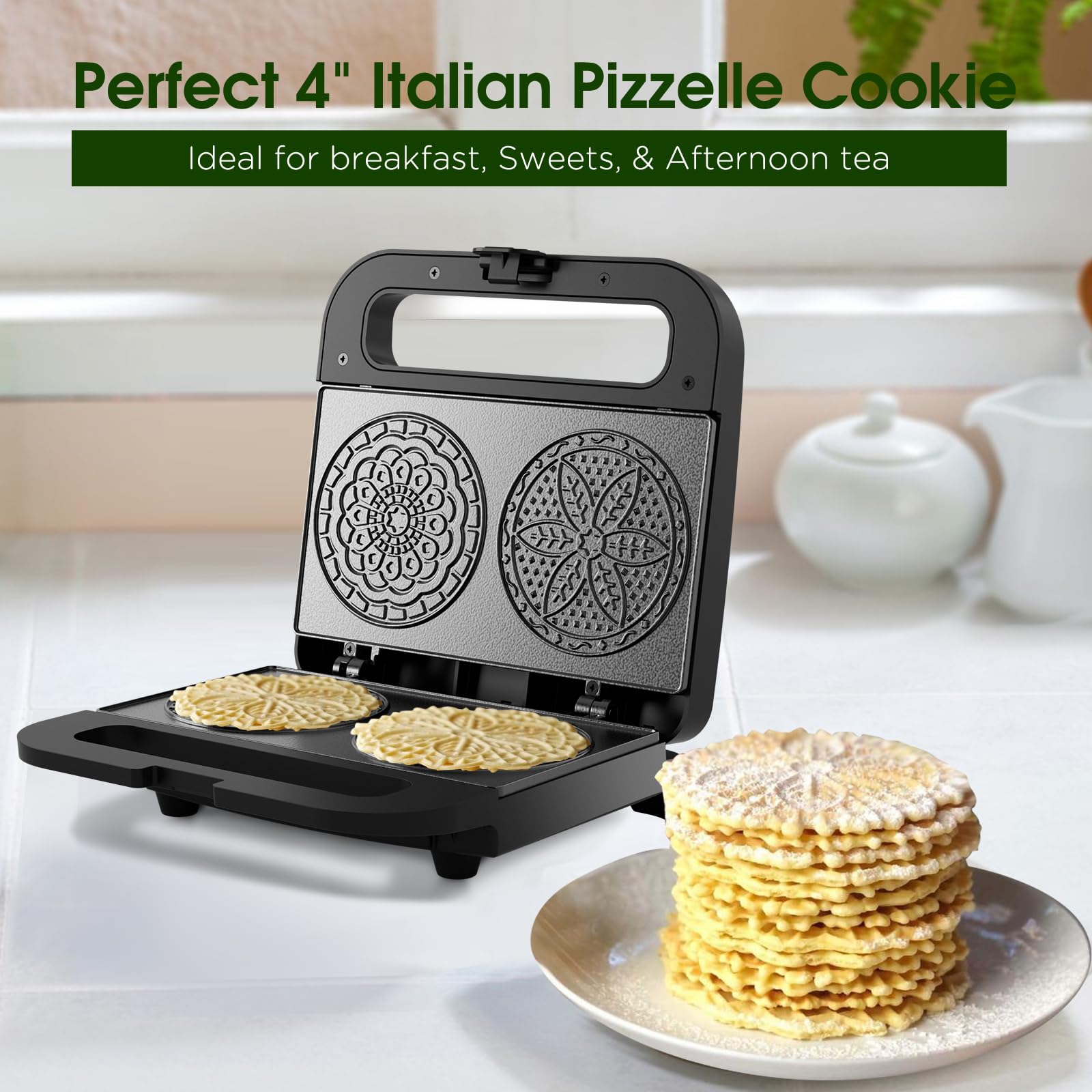 KEINVE pizzelle maker bakes two 4-inch cookies in minutes.