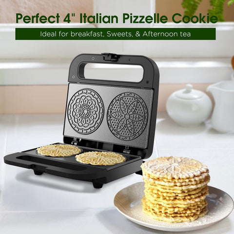 KEINVE pizzelle maker bakes two 4-inch cookies in minutes.