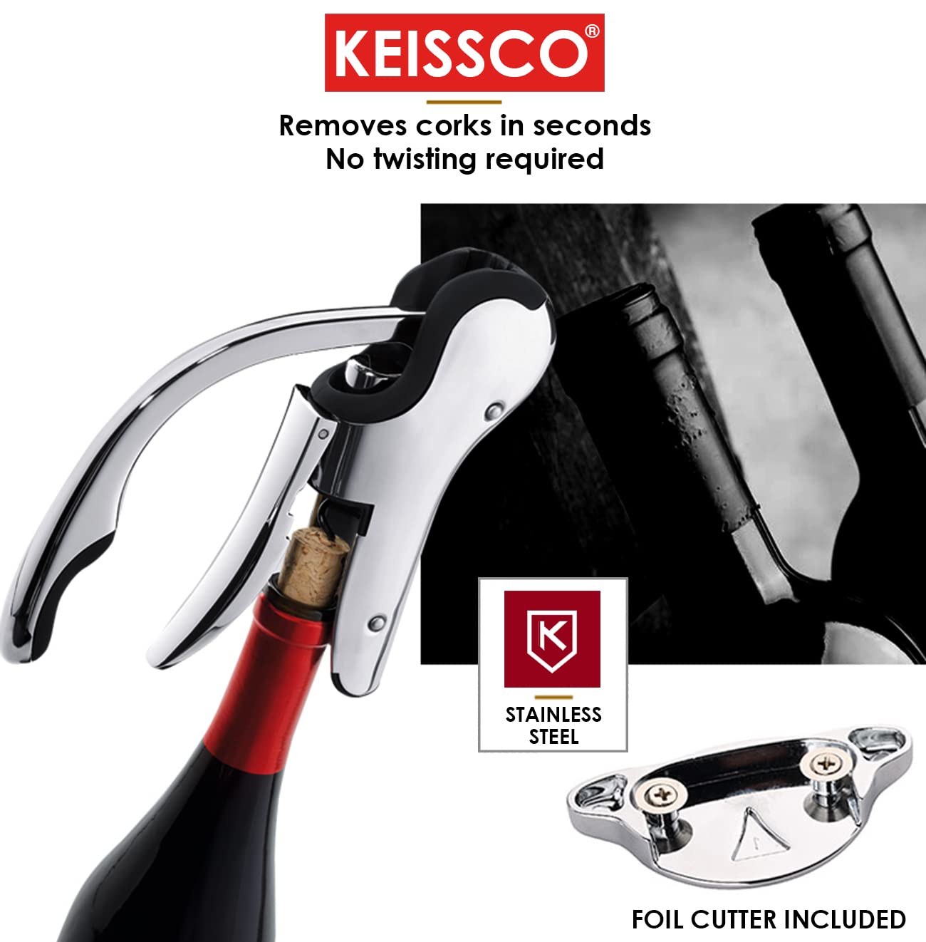 KEISSCO vertical corkscrew in action demonstrating easy opening