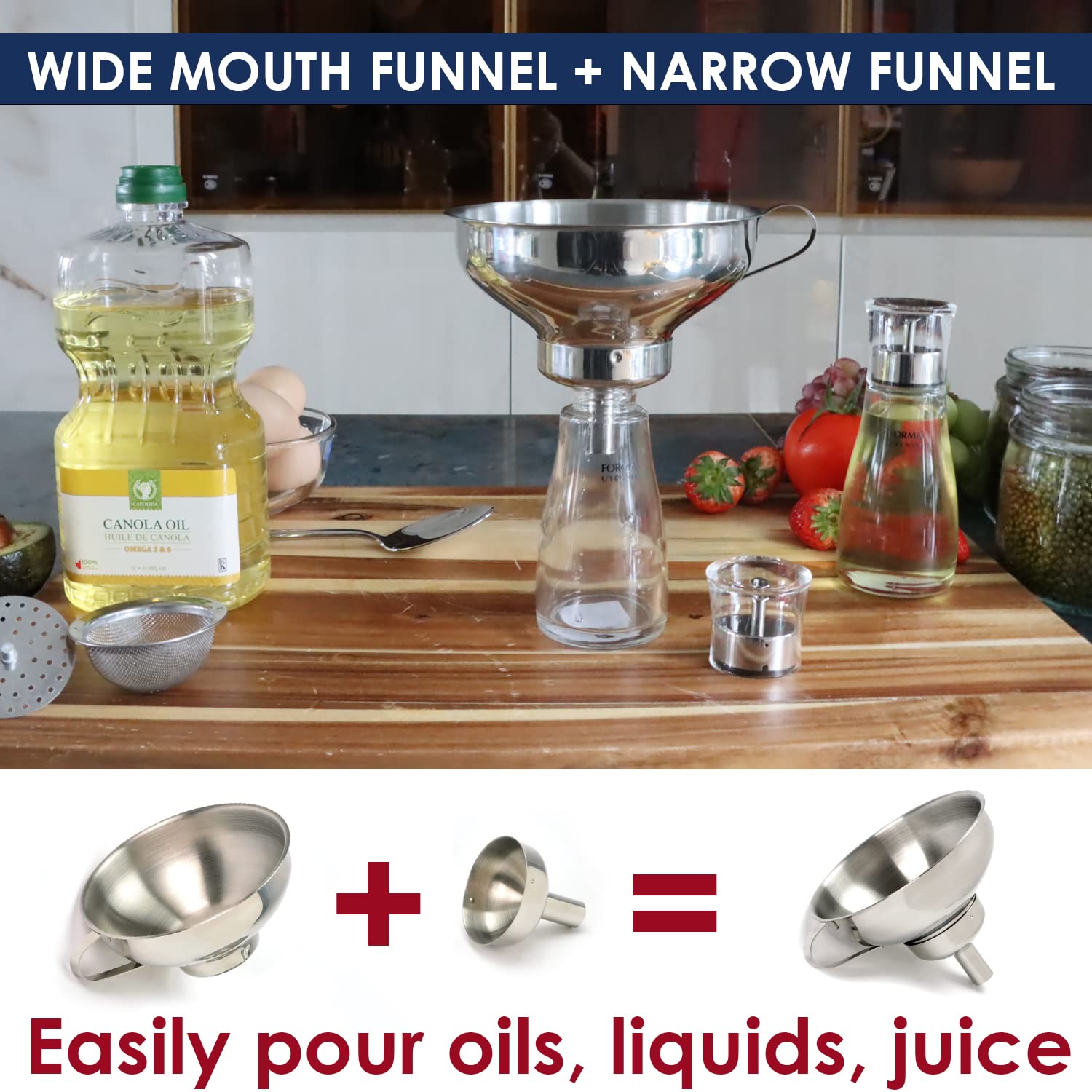 KEISSCO kitchen setup showing the 4-piece funnel set in action