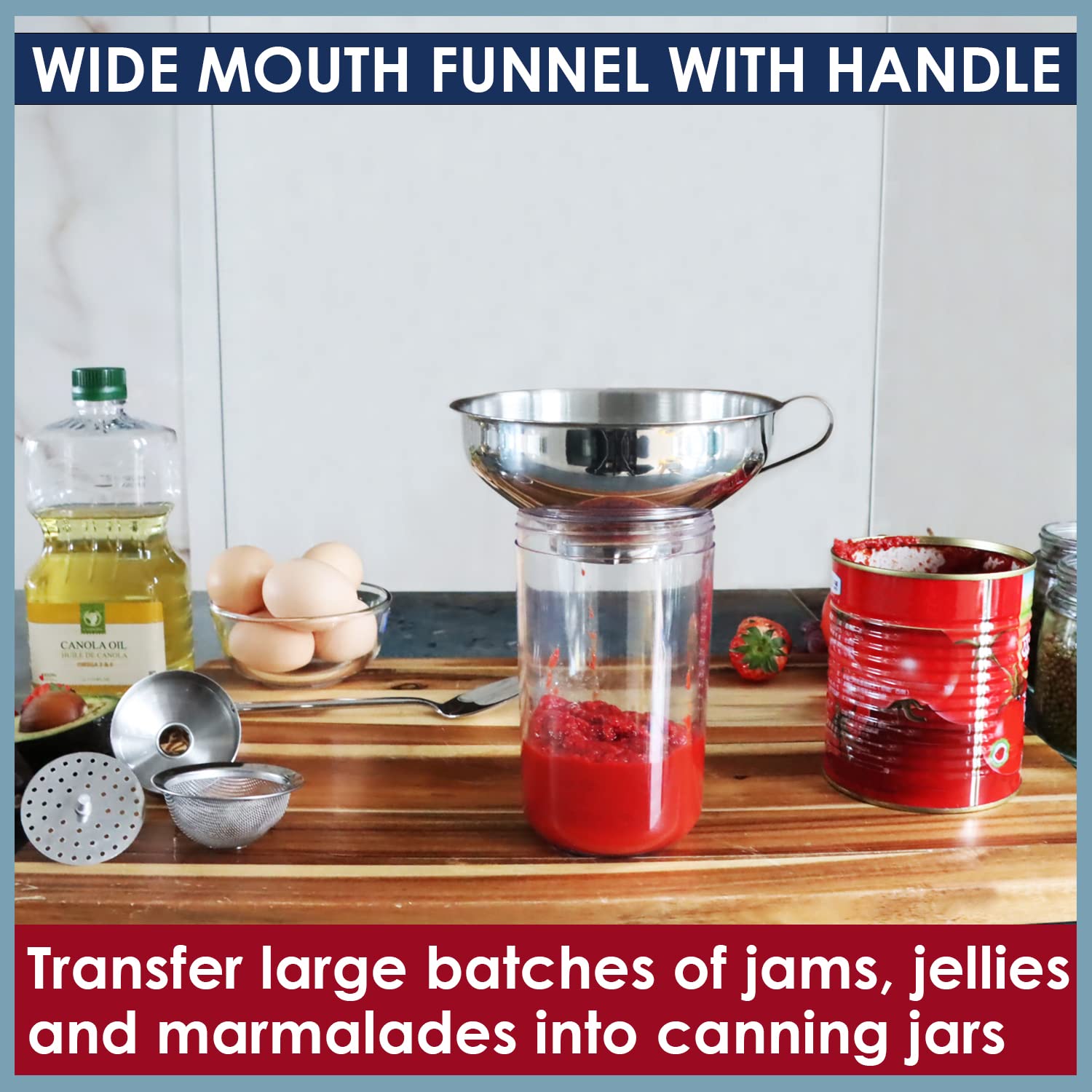 KEISSCO stainless steel funnel transferring oil into a cruet