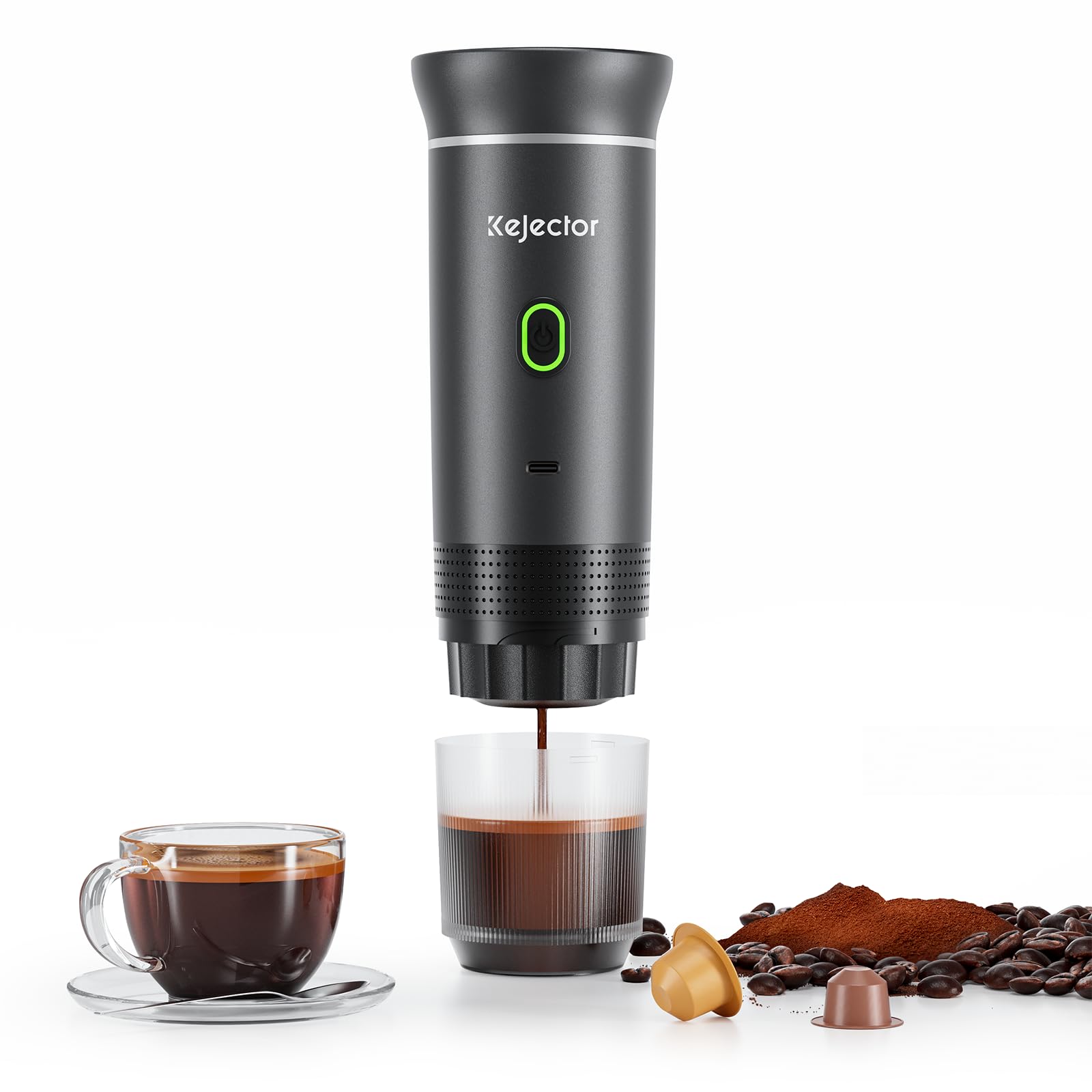 KEJECTOR portable espresso machine front view ready for outdoor coffee on a table