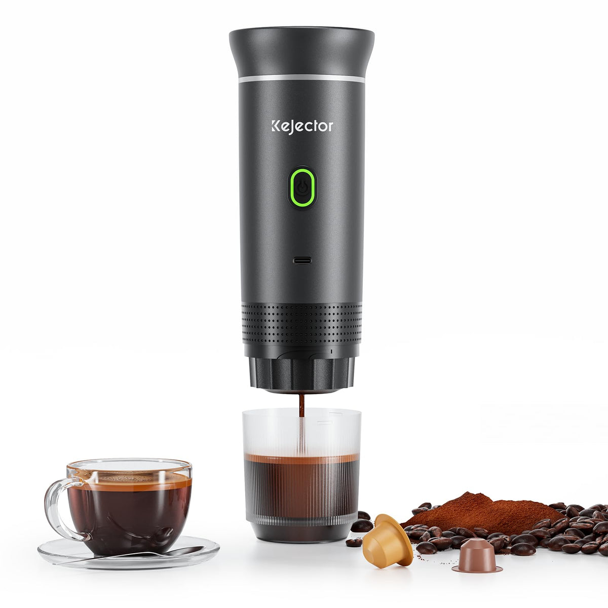 KEJECTOR portable espresso machine front view ready for outdoor coffee on a table