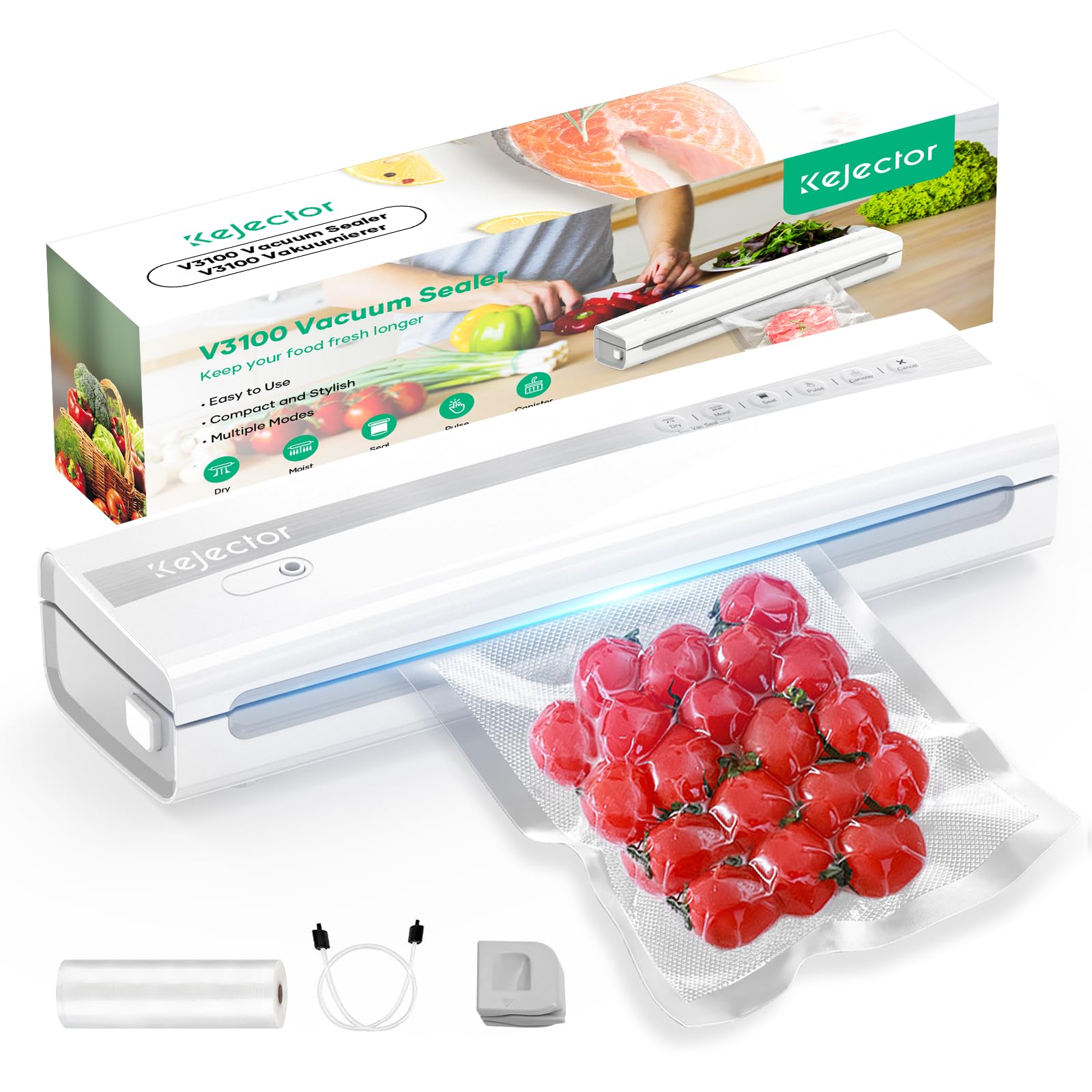 Kejector vacuum sealer main unit on a kitchen counter for airtight sealing