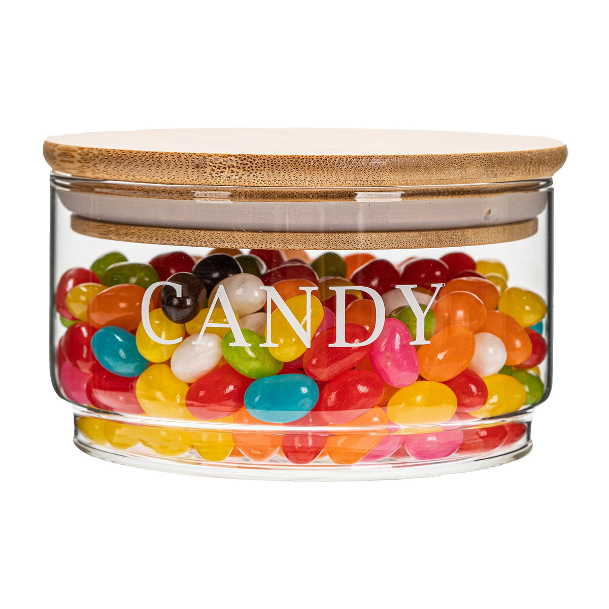 KEKEHOME 11oz glass candy dish with lid displaying colorful treats for events