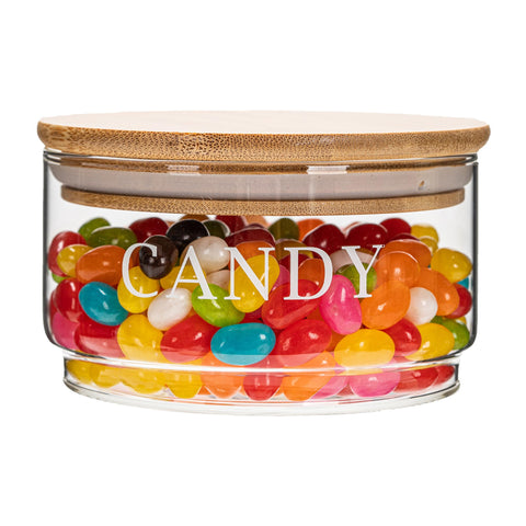 KEKEHOME 11oz glass candy dish with lid displaying colorful treats for events