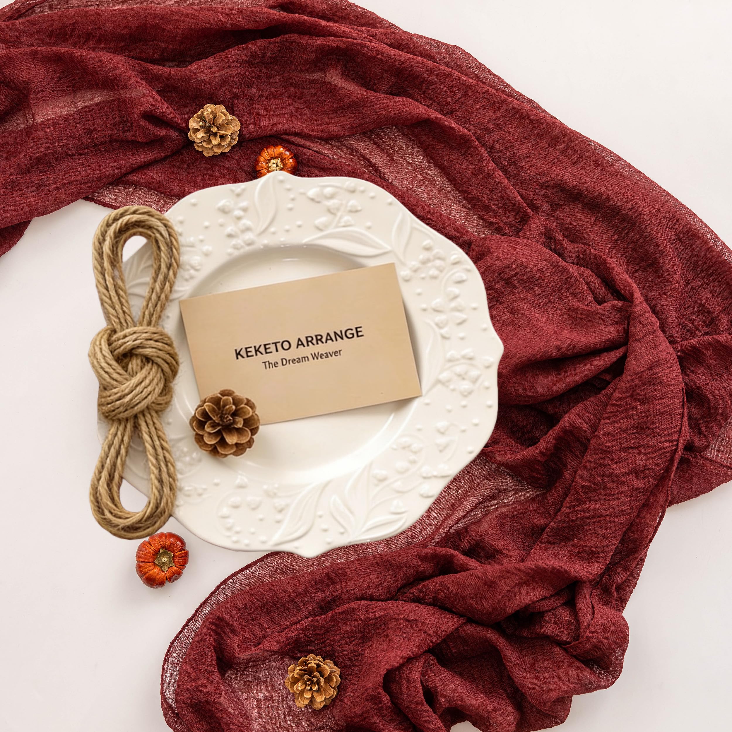 Keketoarrange Burgundy Table Runner 120-inch length on a long banquet table