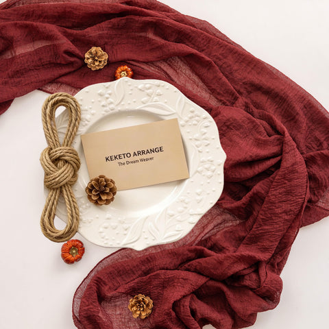 Keketoarrange Burgundy Table Runner 120-inch length on a long banquet table