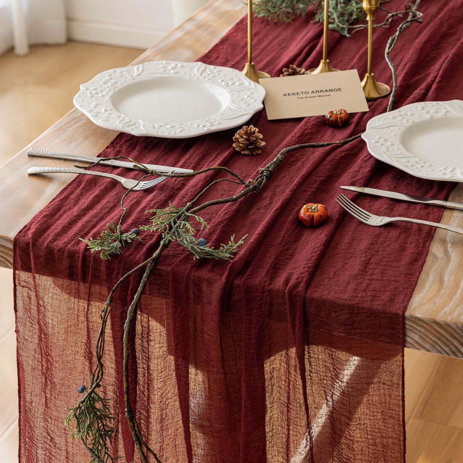 Keketoarrange Burgundy Table Runner cheesecloth close-up showing rustic texture for elegant tables