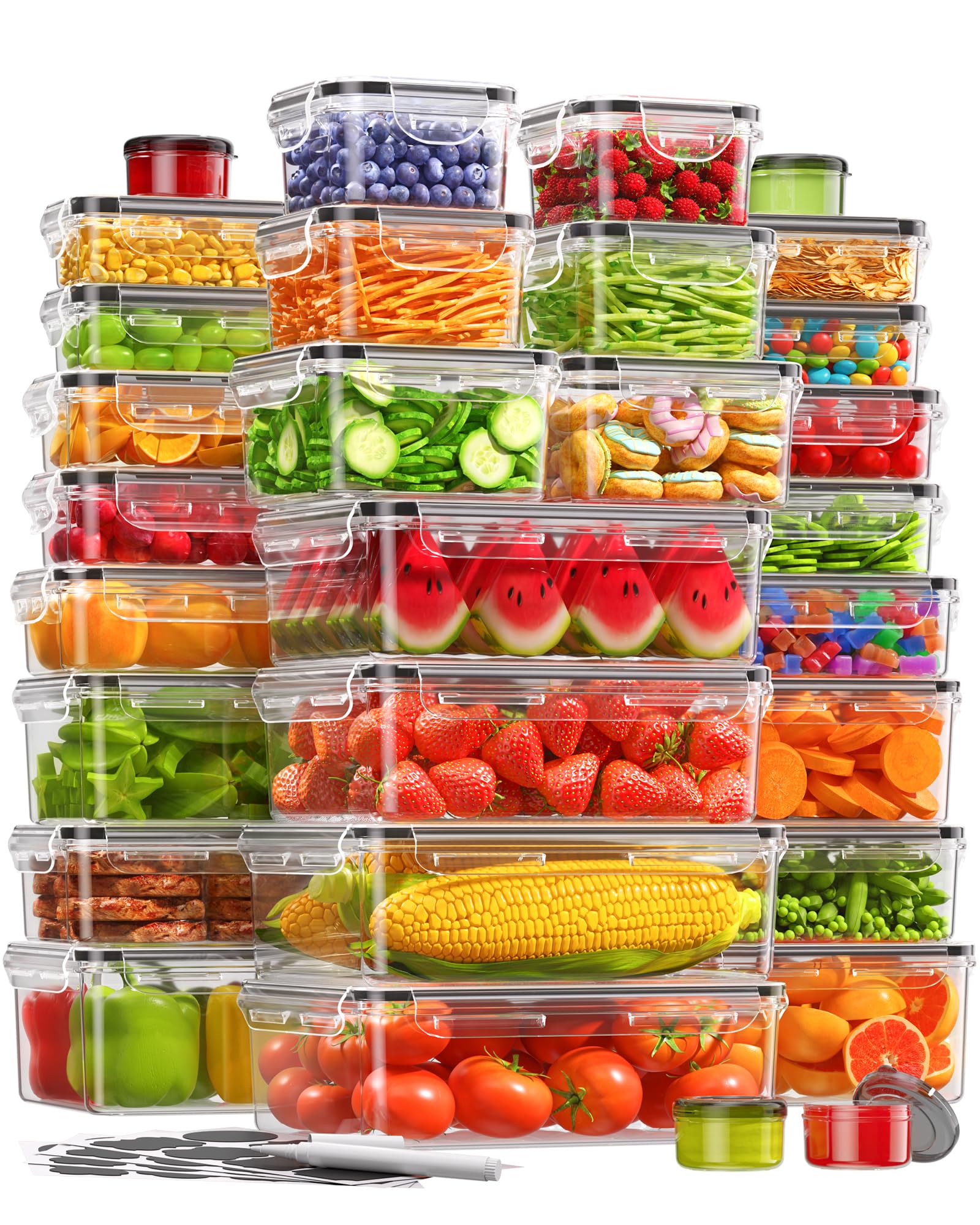 KEMETHY 60pcs containers stacked neatly for organized fridge storage