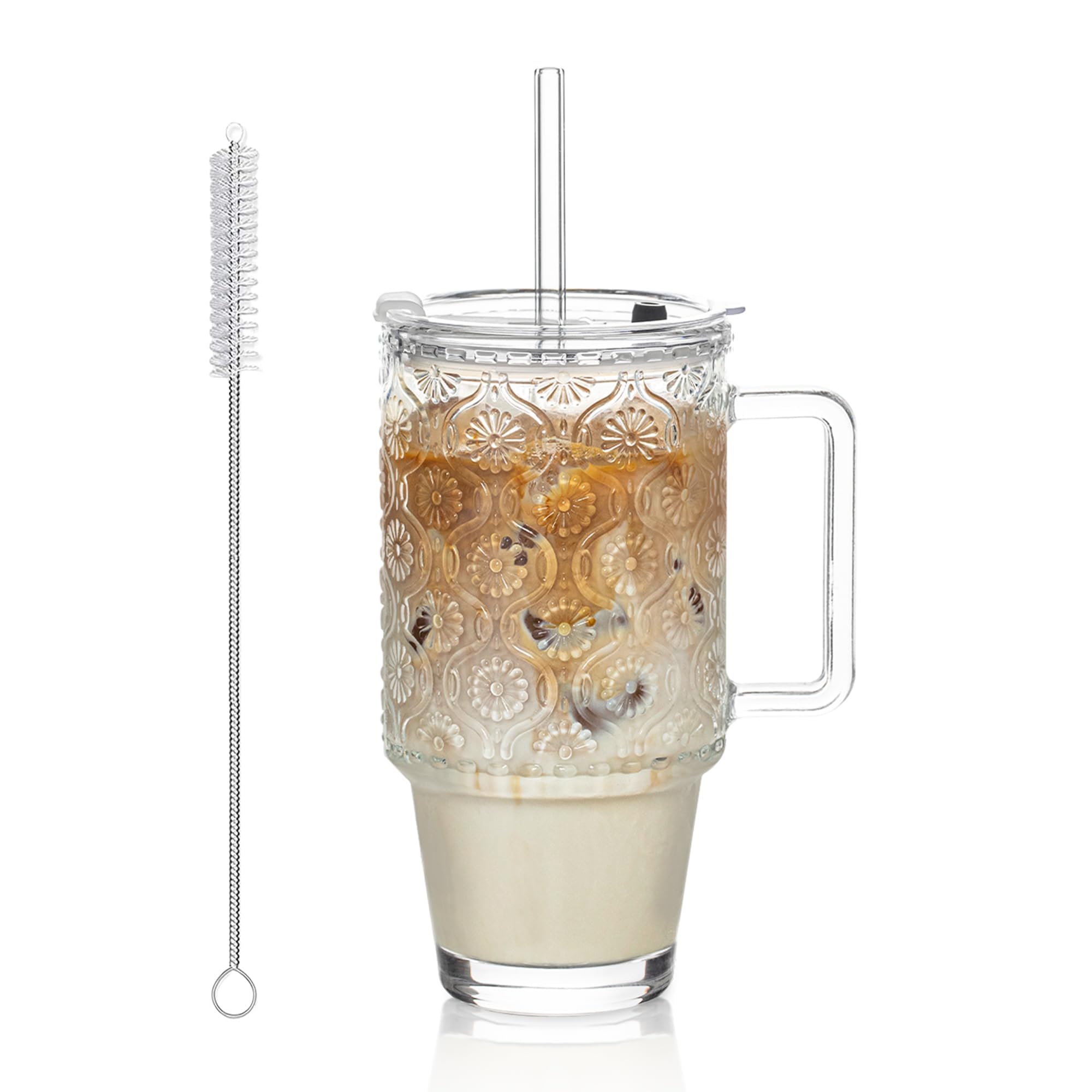 Kemorela 24oz ribbed glass tumbler with lid and straw, front view for stylish, spill-free drinks.