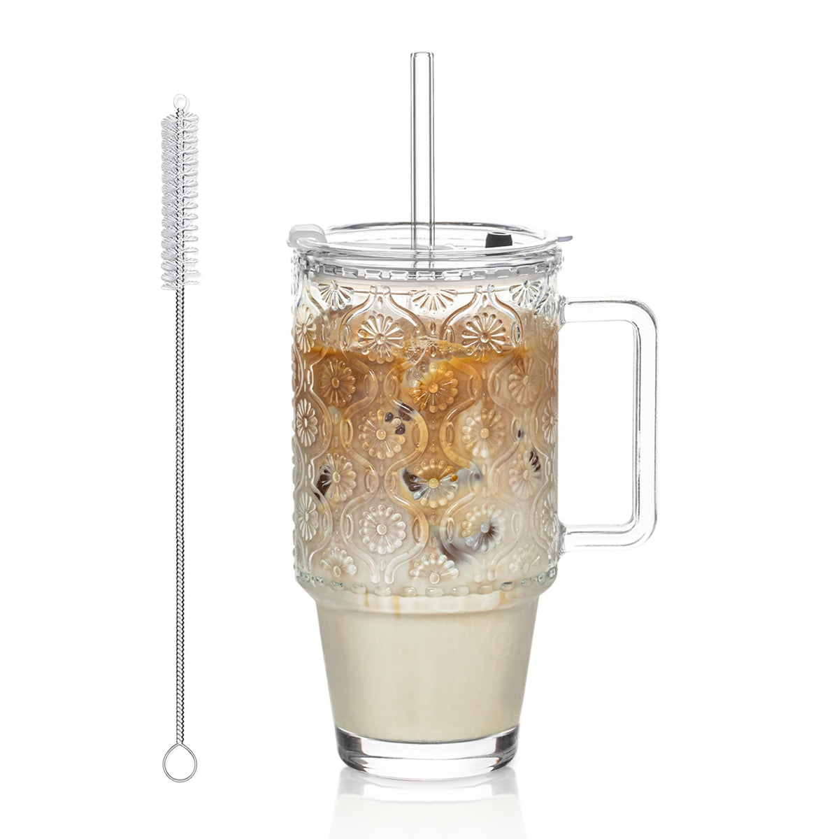 Kemorela 24oz ribbed glass tumbler with lid and straw, front view for stylish, spill-free drinks.