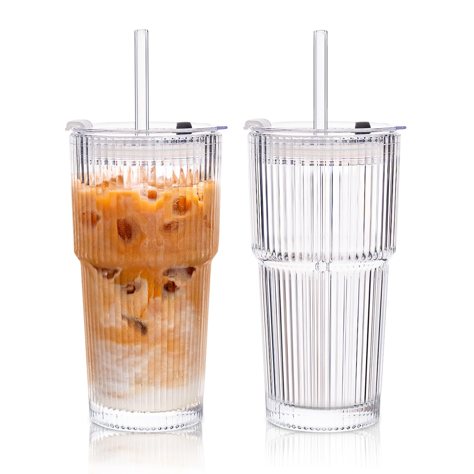 KEMORELA 2-Pack ribbed glass tumbler with lid and straw—ideal for iced coffee on the go