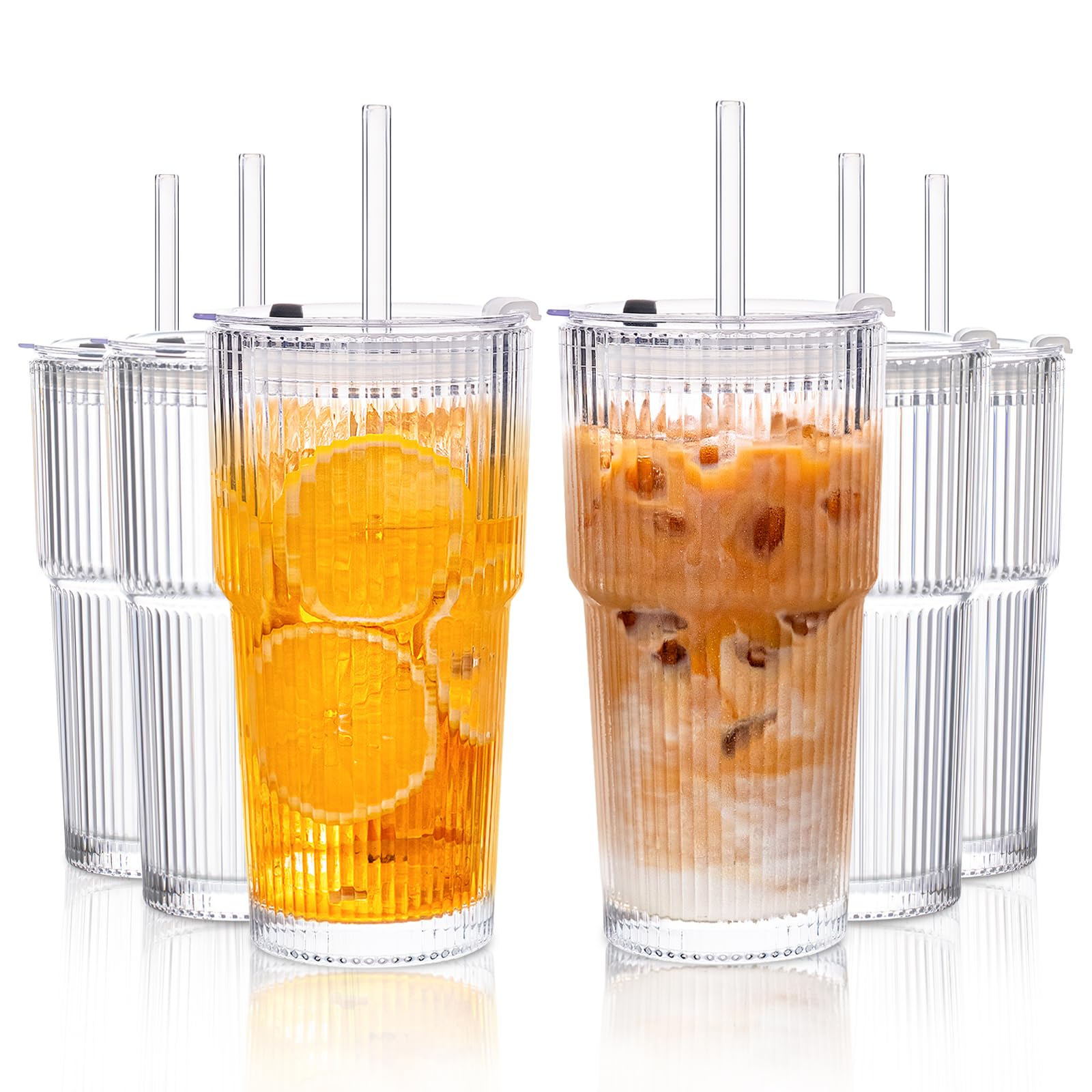 KEMORELA 6-pack ribbed glass tumblers for everyday iced drinks and cocktails.