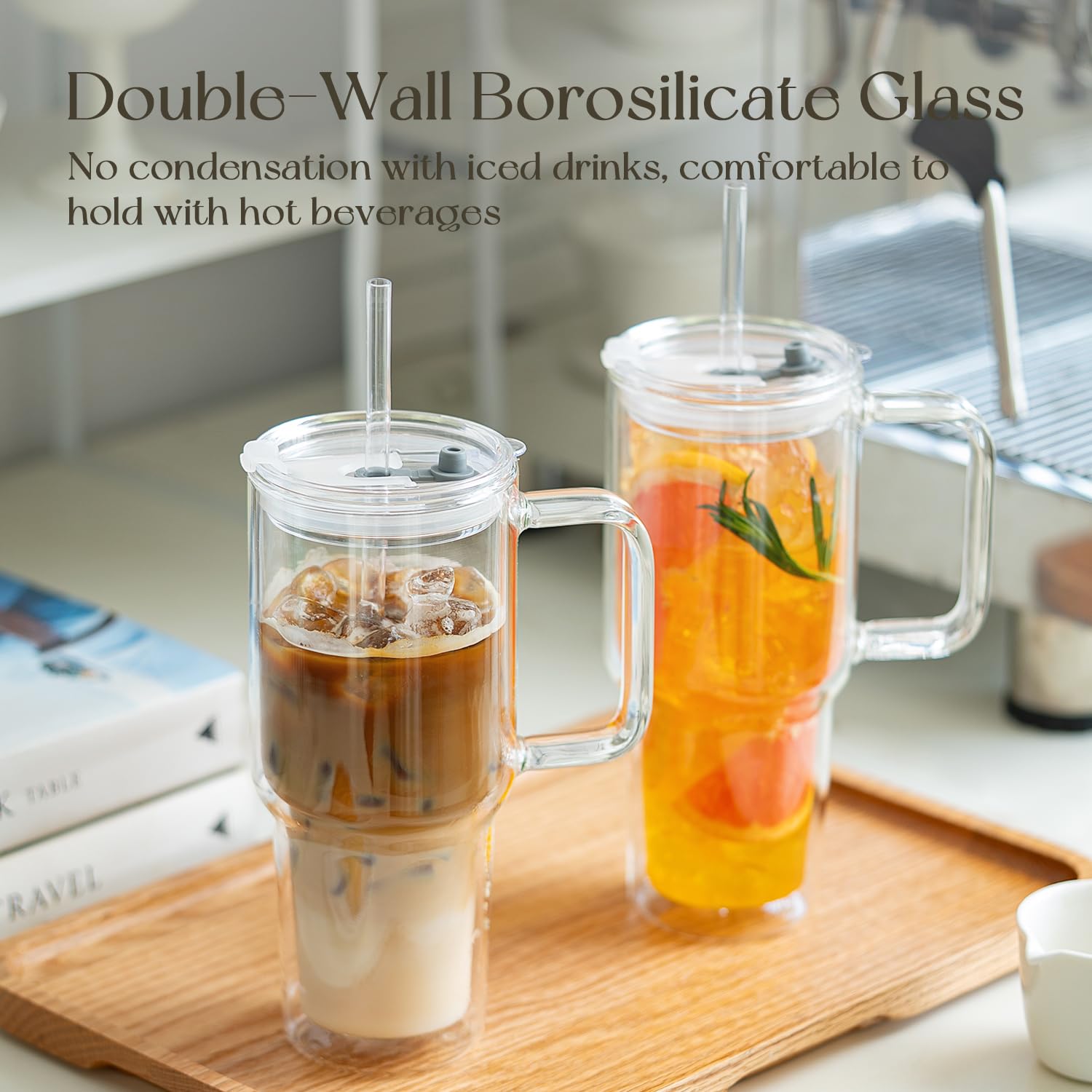 Kemorela borosilicate glass tumbler emphasizes clarity and heat resistance.
