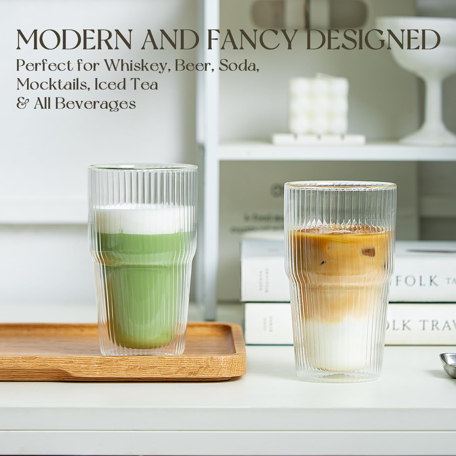 Kemorela borosilicate glass tumblers featuring striped design and crystal clarity