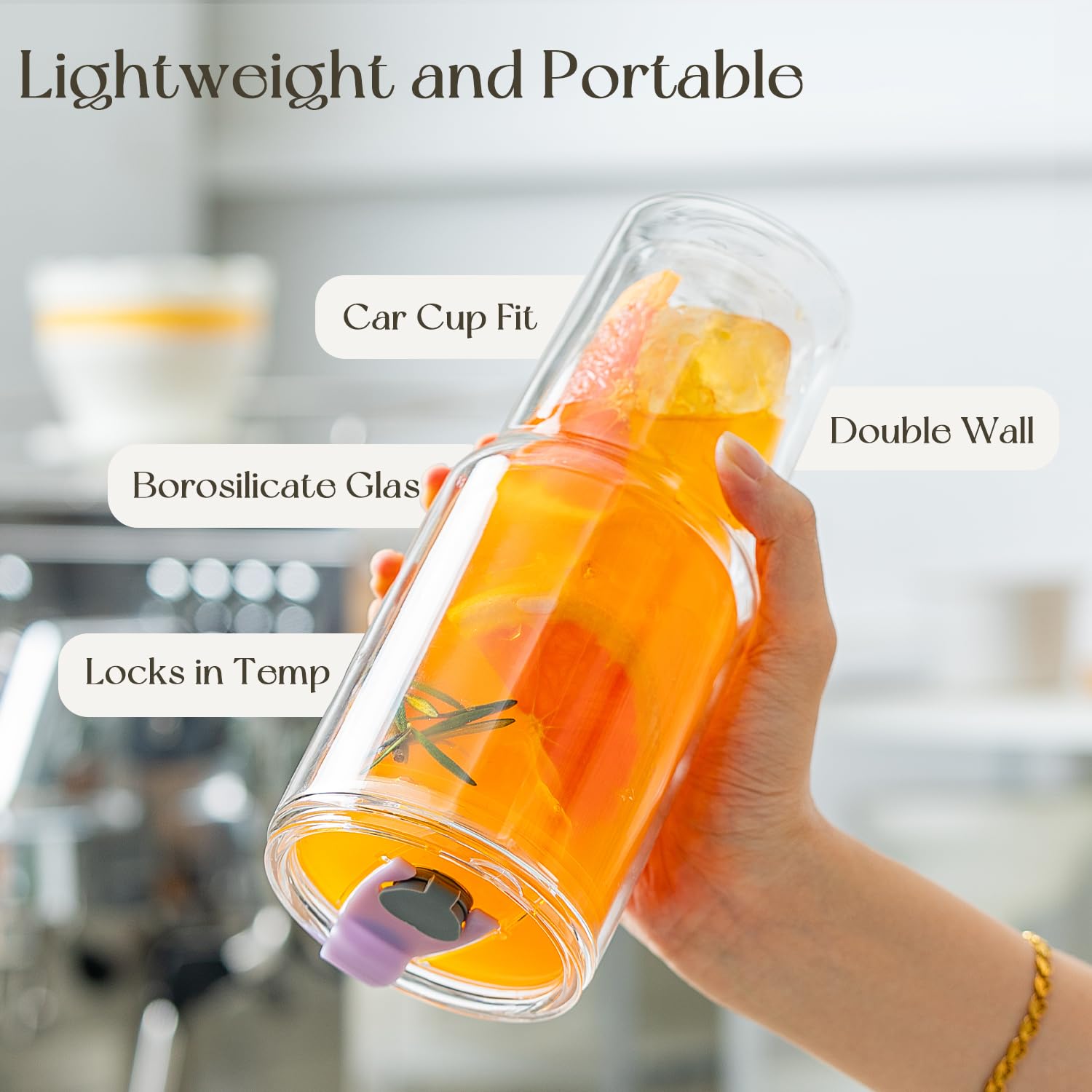 KEMORELA crystal-clear glass tumbler highlighting vibrant drinks in the kitchen.