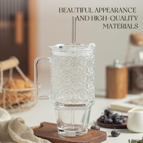 Kemorela glass tumbler with handle in daily use for smoothies and water.