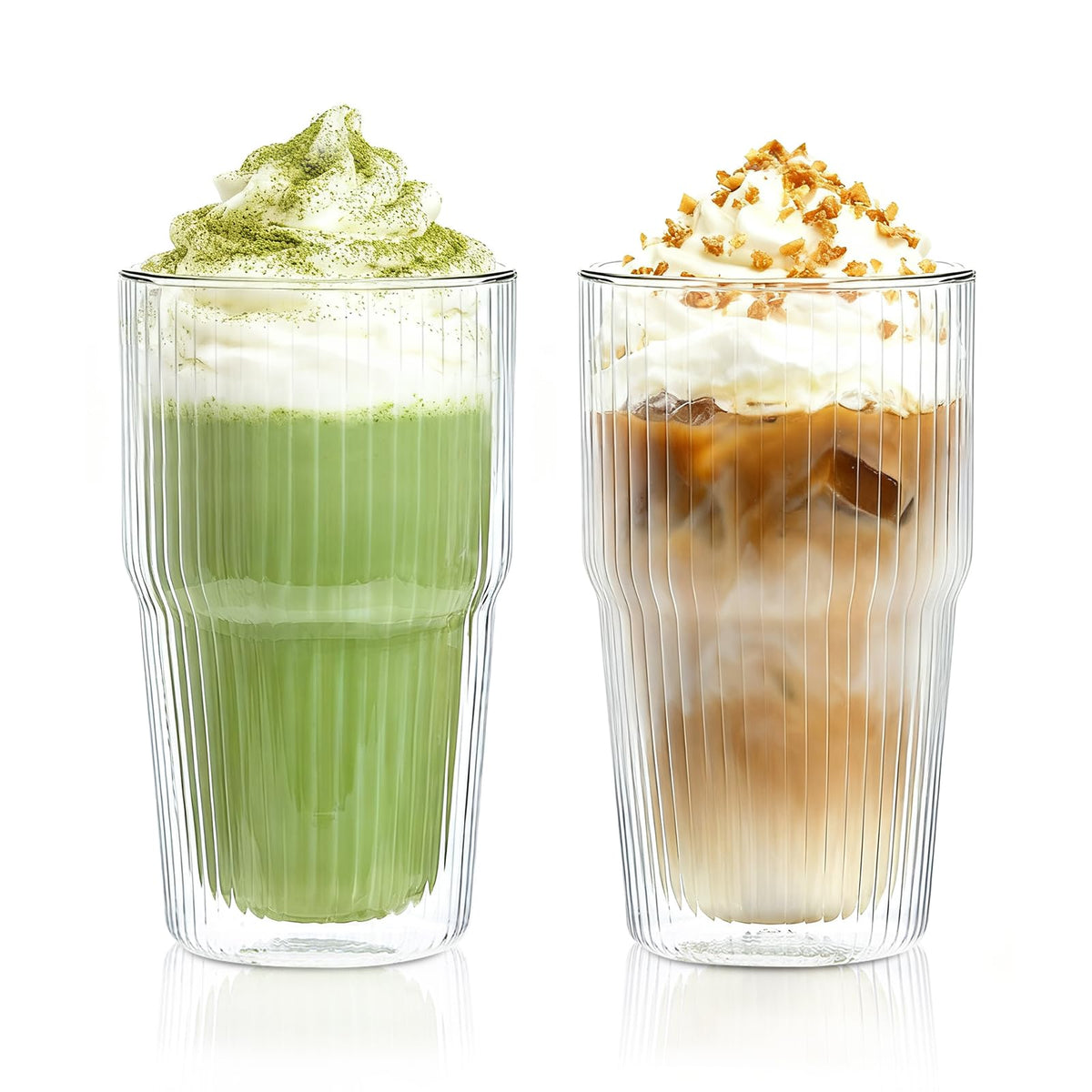 Kemorela iced coffee cups with ribbed double-wall glass design for a stylish, cool drink