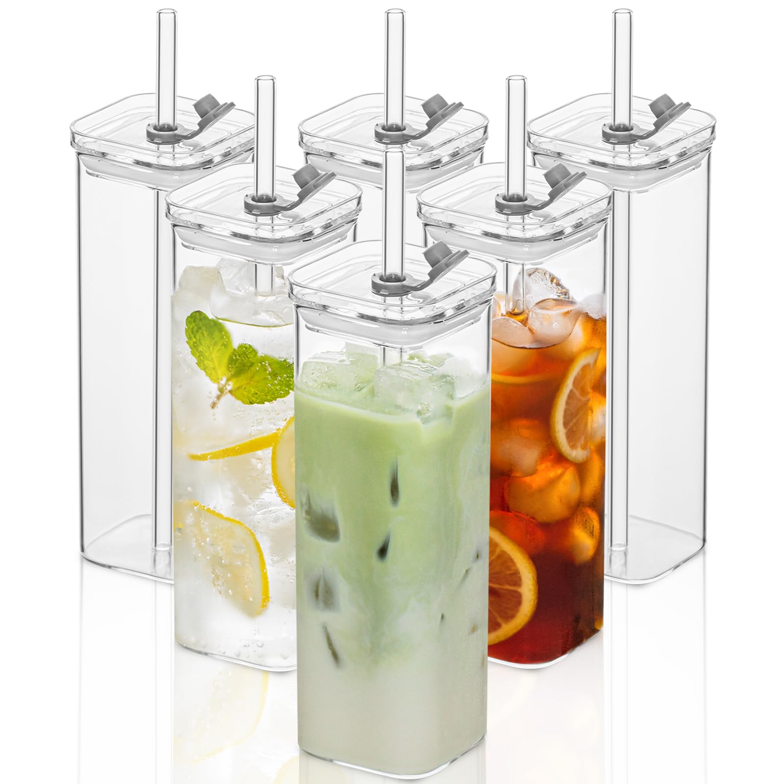 KEMORELA square glasses set with lids and straws for spill-free drinks.